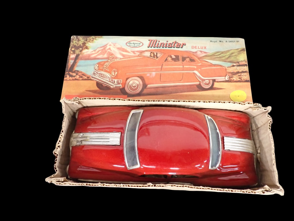Vintage Minister Delux Tin Friction Toy in Original Box: Vintage Minister Delux Tin Friction Toy in Original Box All pictures are considered part of the description and should be examined carefully by bidders. Live Auctioneers is now offering Live Shipping 