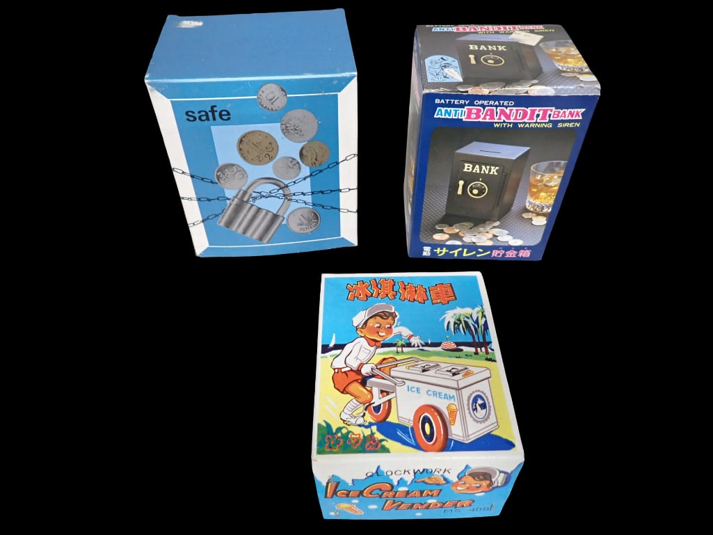 Tin Litho Wind Up Ice Cream Vendor Toy in Original Box, 2 Safe Coin Banks in Original Boxes (1 of 13)