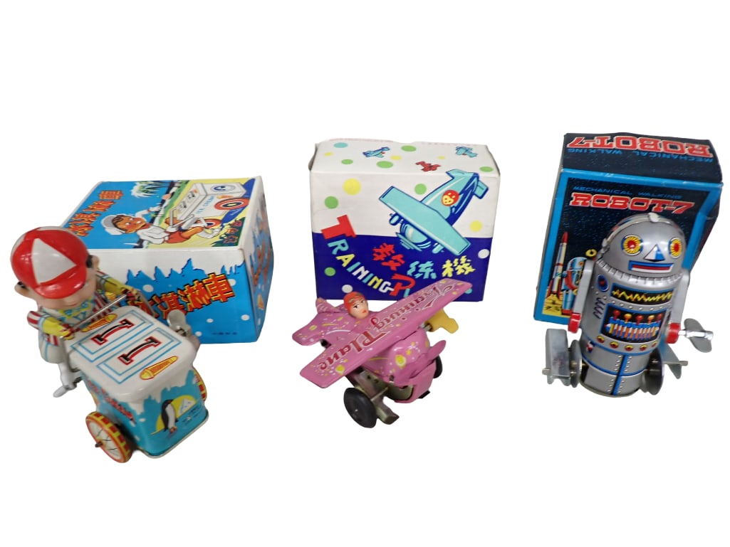 3 Wind Up Tin Litho Toys NOS New Old Stock incl Robot-7 Tin Wind Up Robot, Training Plane Wind Up Ai (1 of 5)