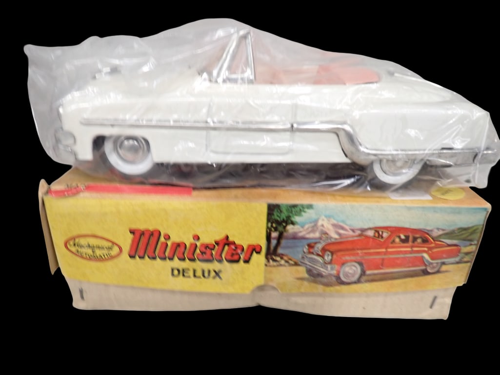 Vintage Minister Delux Tin Friction Toy in Original Box: Vintage Minister Delux Tin Friction Toy in Original Box All pictures are considered part of the description and should be examined carefully by bidders. Live Auctioneers is now offering Live Shipping 