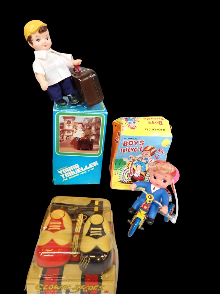3 Vintage Wind Up Toys incl Clown Shoes Wind Up Toy NOS New Old Stock, Boy's Tricycle Wind Up Tin To (1 of 8)