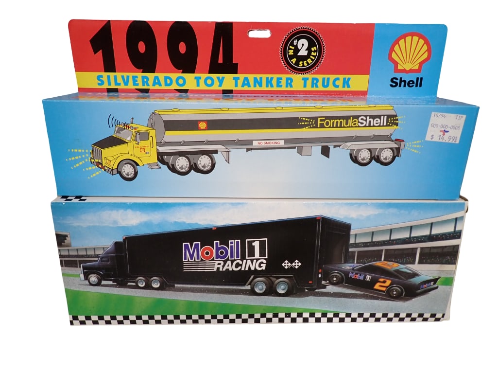 2 Model Trucks Tractor Trailers New in Boxes incl Mobil Racing Toy Race Car Carrier Limited Edition (1 of 9)
