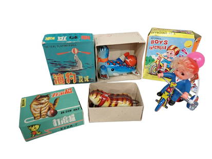3 Tin Litho Toys incl The Seal Playing Ball, Mechanical Boys Tricycle and Da Gun Mao Cat Tin Toy All: 3 Tin Litho Wind Up Toys incl The Seal Playing Ball, Mechanical Boys Tricycle and Da Gun Mao Cat Tin Toy All in Original Boxes All pictures are considered part of the description and should be e
