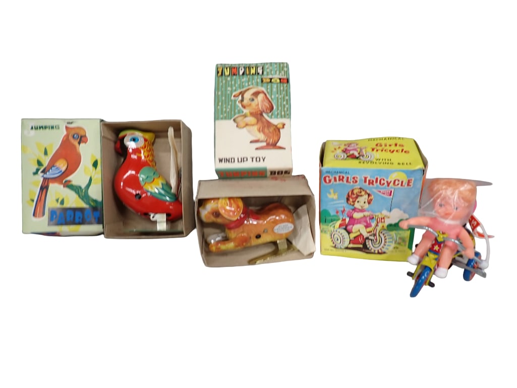 3 Tin Litho Wind Up Toys incl Jumping Dog Mechanical Toy, Jumping Parrot, and Girls Tricycle (1 of 6)