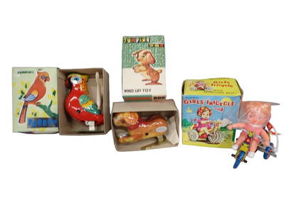 3 Tin Litho Wind Up Toys incl Jumping Dog Mechanical Toy, Jumping Parrot, and Girls Tricycle: 3 Tin Litho Wind Up Toys incl Jumping Dog Mechanical Toy, Jumping Parrot, and Girls Tricycle.&#160; All in original boxes  All pictures are considered part of the description and should be examined ca