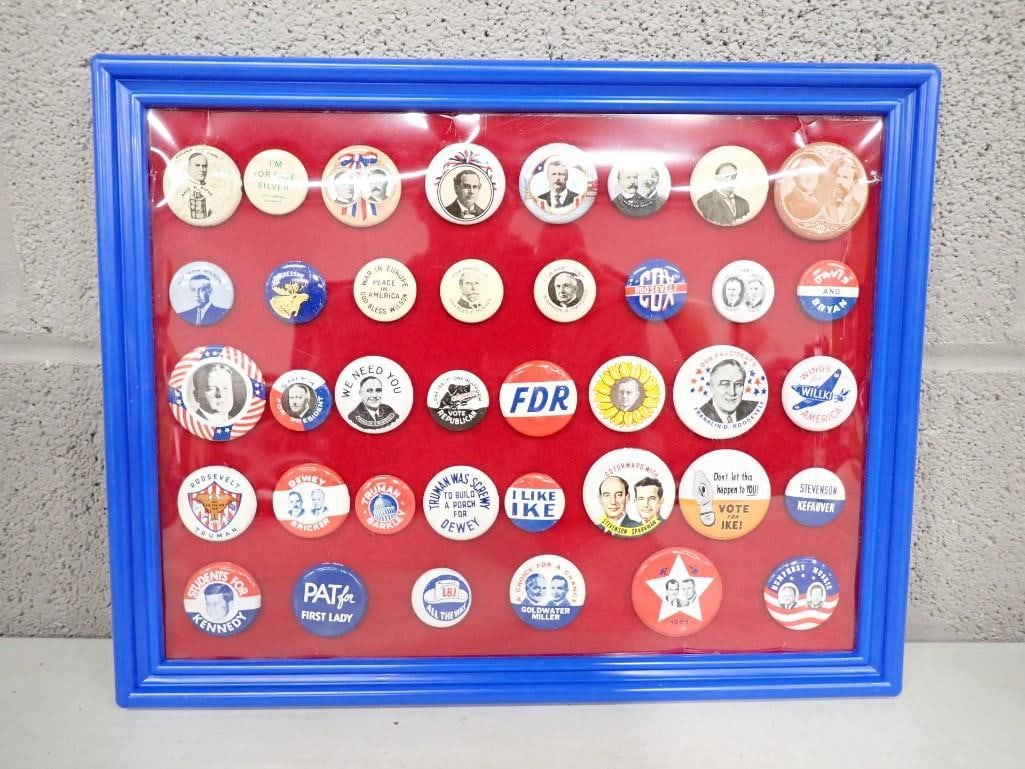 1970s Reproduction Political Buttons Framed incl I Like Ike, FDR, Wmith for President, (1 of 6)