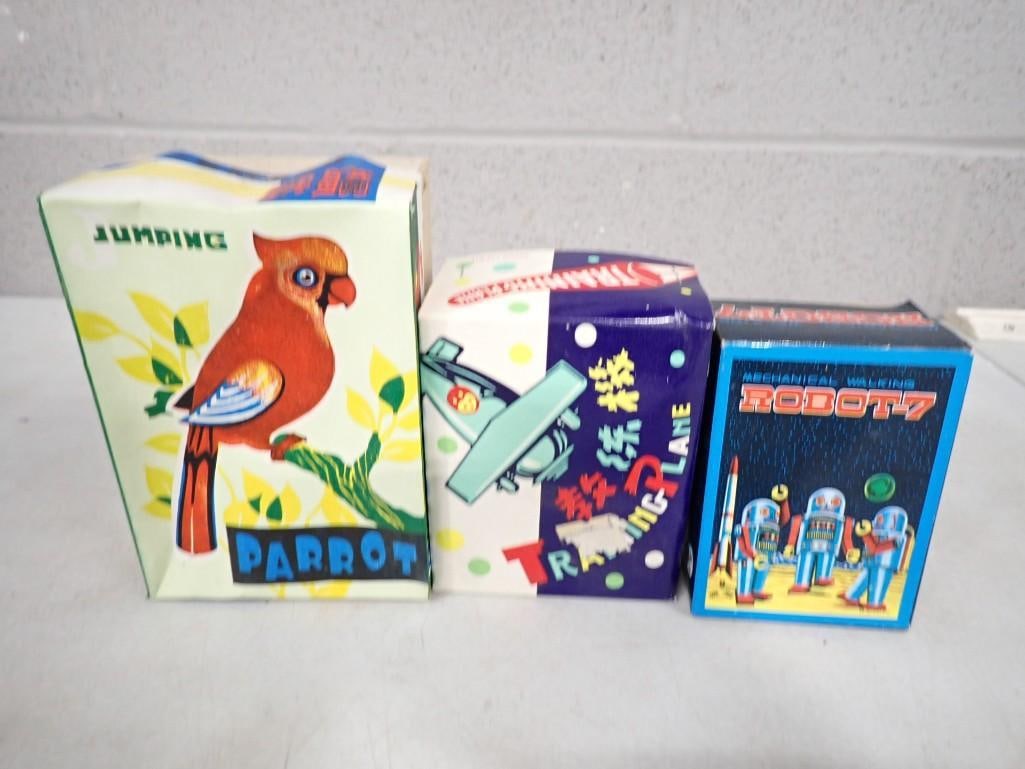 3 Tin Litho Wind Up Toys incl Robot &, Jumping Parrot, Training Plane All in Original Boxes (1 of 6)