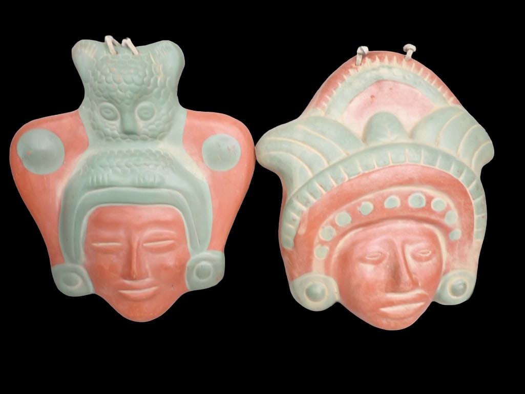 Pair of Mexican Folk Art Style Terra Cotta Masks Wall Hangings (1 of 7)