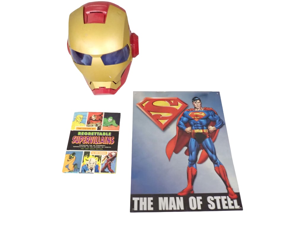 Marvel Legends Series Iron Man Premium Electronic Helmet, Superman Sign, Regrettable Supervillains: Marvel Legends Series Iron Man Premium Electronic Helmet, Superman Sign, The Legion of Regrettable Supervillains Book All pictures are considered part of the description and should be examined ca