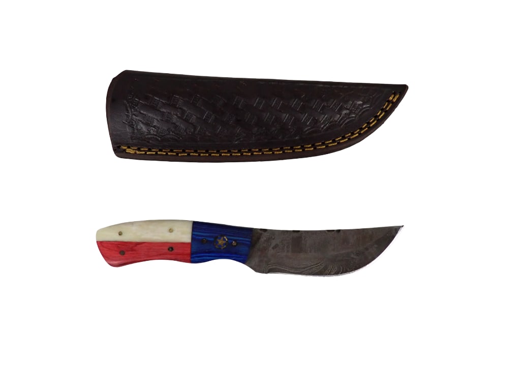 Fixed Blade Knife with Leather Sheath and Red White and Blue Handle 8" tip of blade to end of handle (1 of 6)