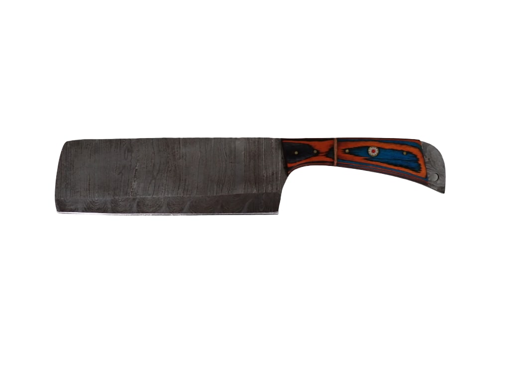 Meat Cleaver with Orange and Blue Wood Handle 12" tip of blade to end of handle: Meat Cleaver with Orange and Blue Wood Handle 12" tip of blade to end of handle All pictures are considered part of the description and should be examined carefully by bidders. Live Auctioneers is now