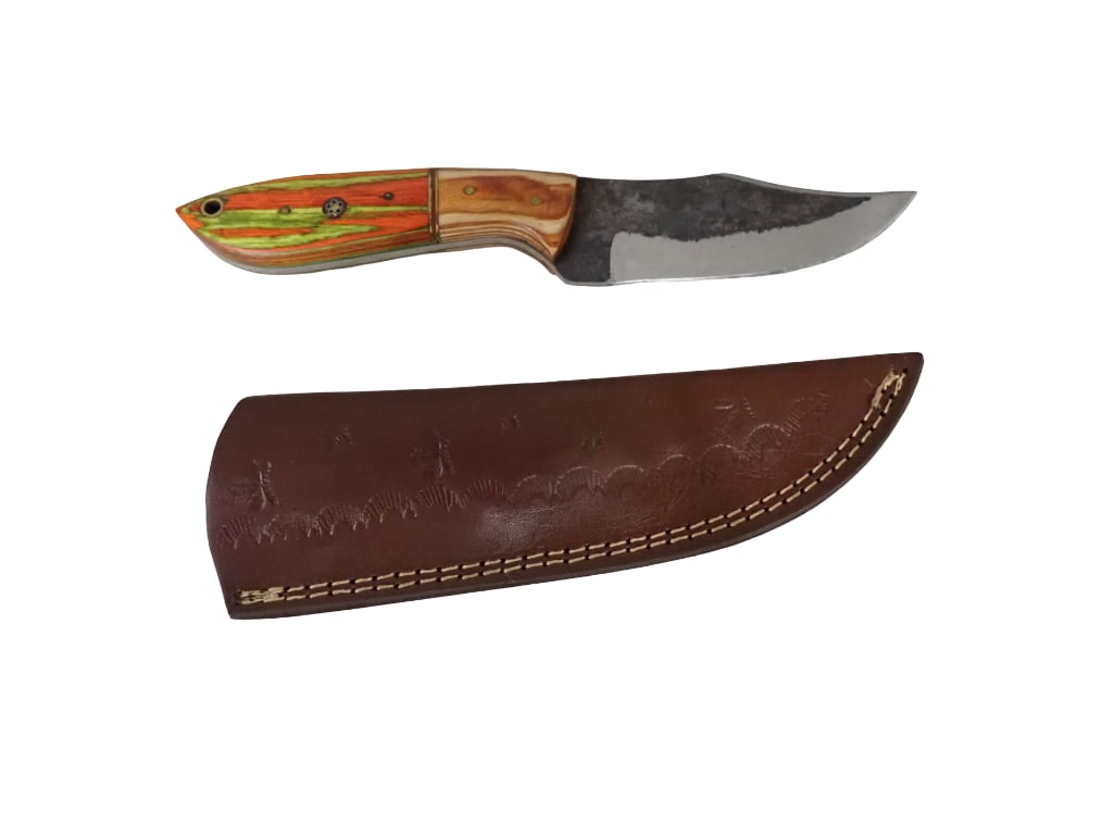 Fixed Blade Knife with Leather Sheath and Wood Handle 8" tip of blade to end of handle: Fixed Blade Knife with Leather Sheath and Wood Handle 8" tip of blade to end of handle All pictures are considered part of the description and should be examined carefully by bidders. Live Auctioneers