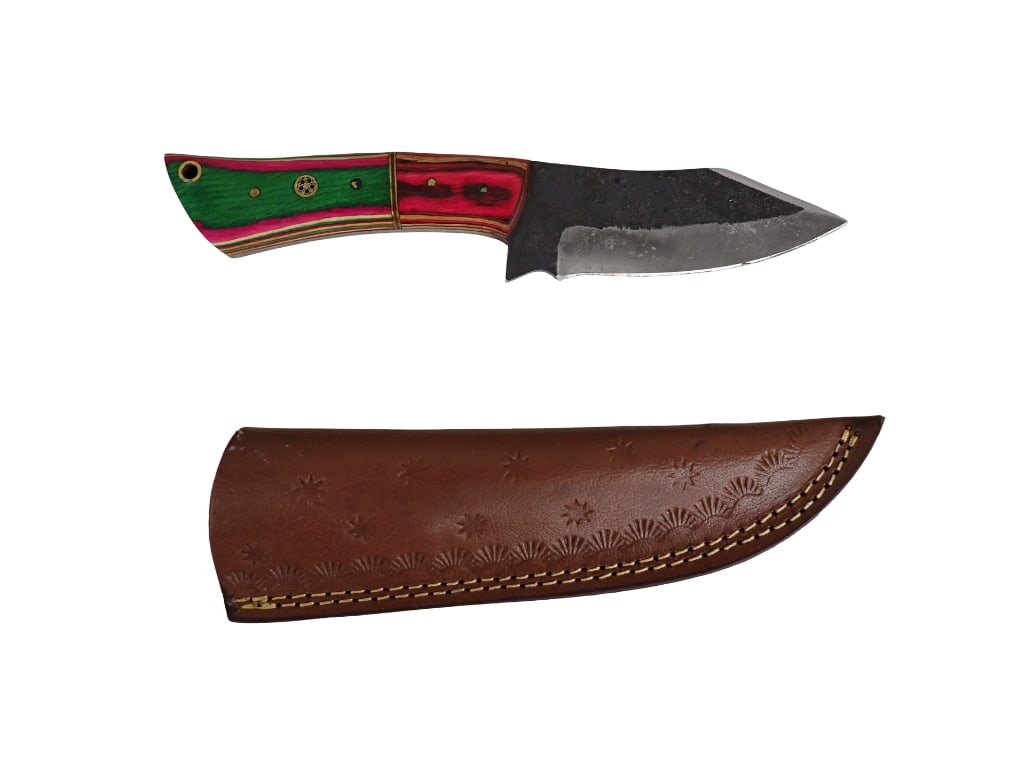 Fixed Blade Knife with Leather Sheath and Green and Red Wood Handle 8" tip of blade to end of handle (1 of 7)