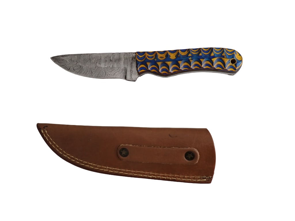 Fixed Blade Knife with Leather Sheath and Abstract Design Wood Handle 8" tip of blade to end of hand: Fixed Blade Knife with Leather Sheath and Abstract Design Wood Handle 8" tip of blade to end of handle All pictures are considered part of the description and should be examined carefully by bidders. 