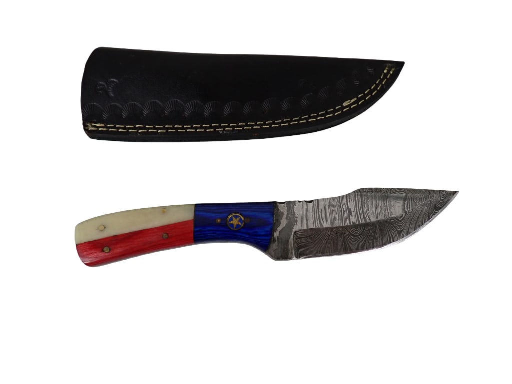 Knife with Leather Sheath and Red White and Blue Handle 8" tip of blade to end of handle (1 of 10)