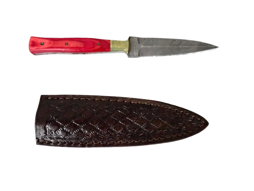 Knife or Dagger with Leather Sheath and Wood Handle 8.5" tip of blade to end of handle (1 of 8)