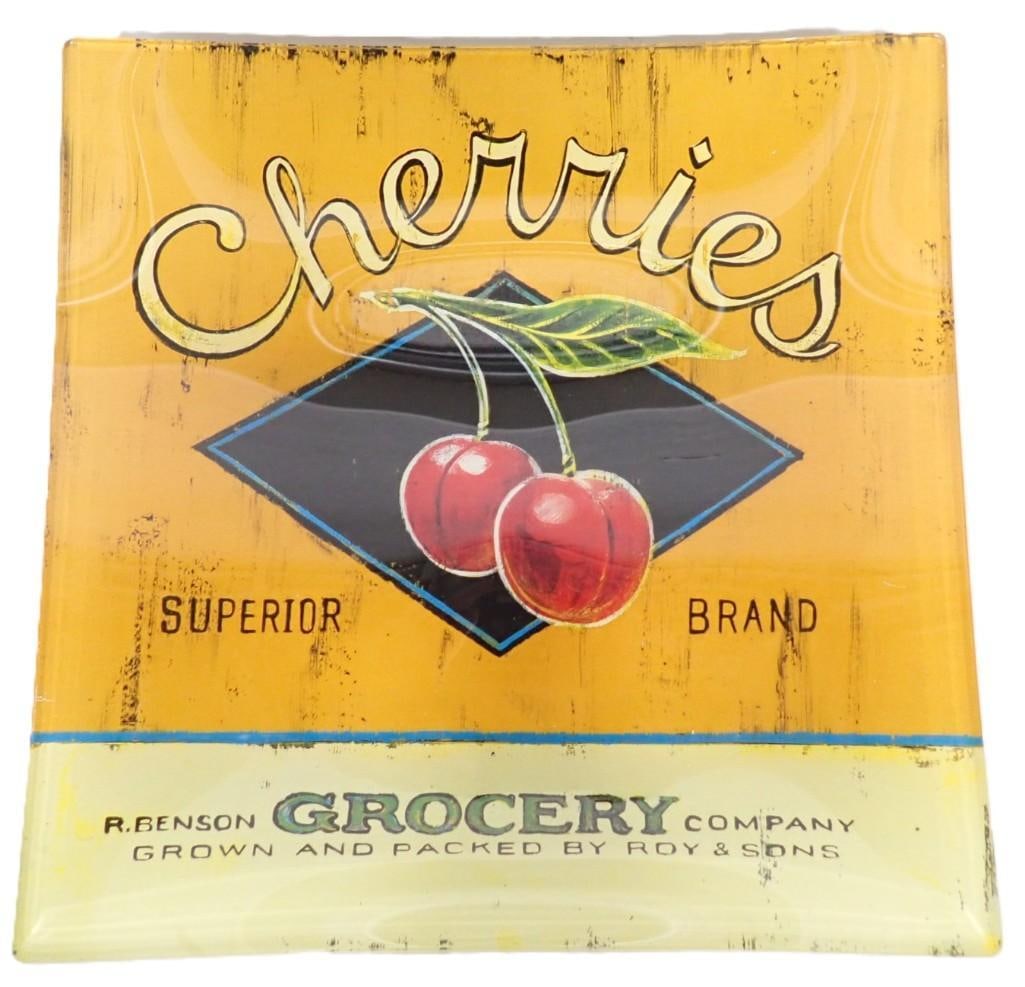 Large Glass Reverse Print Cherries Glass Plate or Serving Tray - R. Benson Grocery Company (1 of 3)