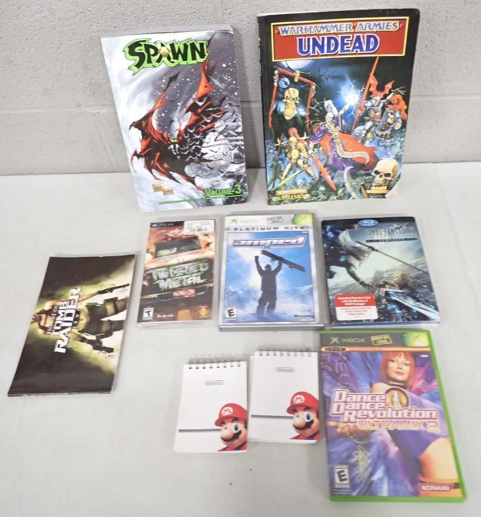 Video Game Lot etc. Including Warhammer Book, Spawn Volume 3, Twisted Metal PSP, Amped XBox, DDR (1 of 6)
