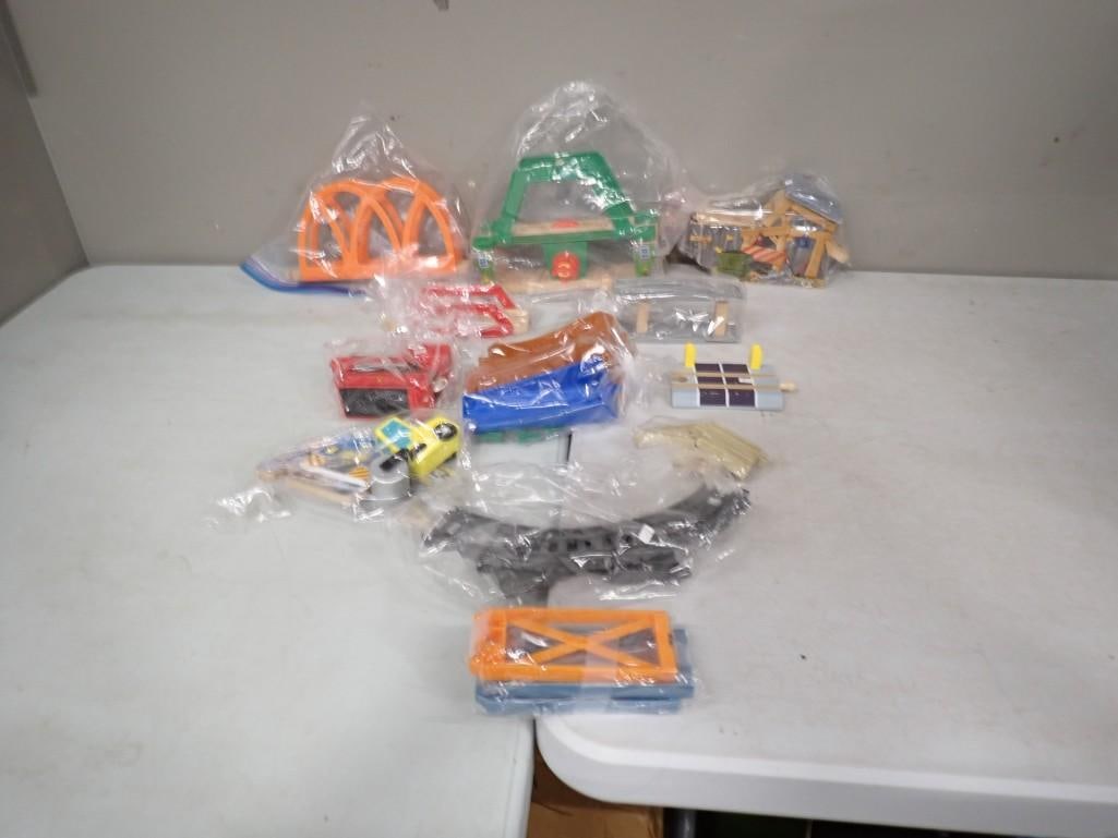 Toy Train Lot including Tracks, Wood Parts, Bridges, Thomas the Train, Cars, Station Pieces, etc. (1 of 13)
