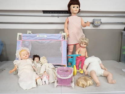 Misc Dolls Lot incl Vtg Eegee Walker Doll, Compo Baby Doll, Porcelain, Cloth, Dolls, Doll Parts, Cas: Misc Dolls Lot including vintage Eegee walker doll - broken leg, compo baby doll (unmarked), porcelain, cloth, dolls, doll parts, case, 1967 Mattel Tricycle, etc Lot  All pictures are considered part
