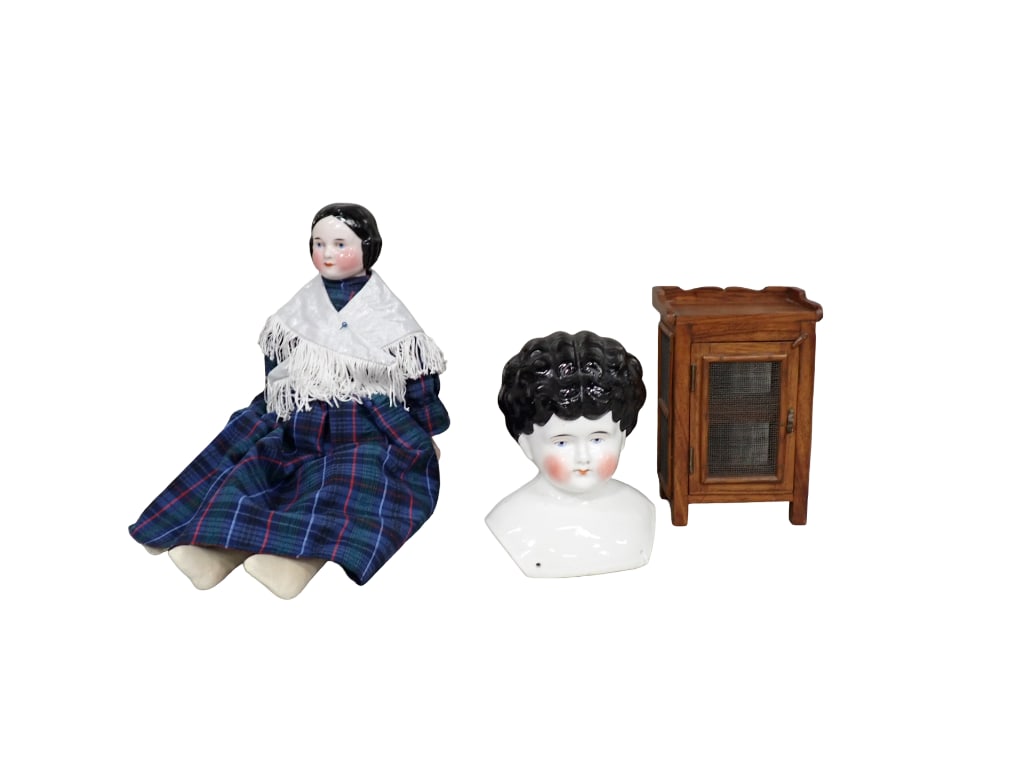 Antique Porcelain China Head Doll, a China Head Doll Head, Wood Dollhouse Furniture Cabinet (1 of 7)