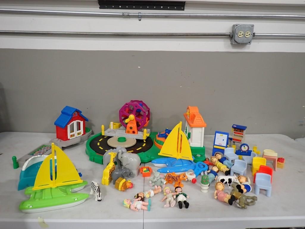 Lot of Small Toys incl Plastic Ferris Wheel, Animals, Sailboats, Figures, Etc: Lot of Small toys incl Plastic Ferris Wheel, Animals, Sailboats, Figures, including Little Tikes and Fisher Price Loving Family dolls, furniture, and toys. Etc All pictures are considered part of the