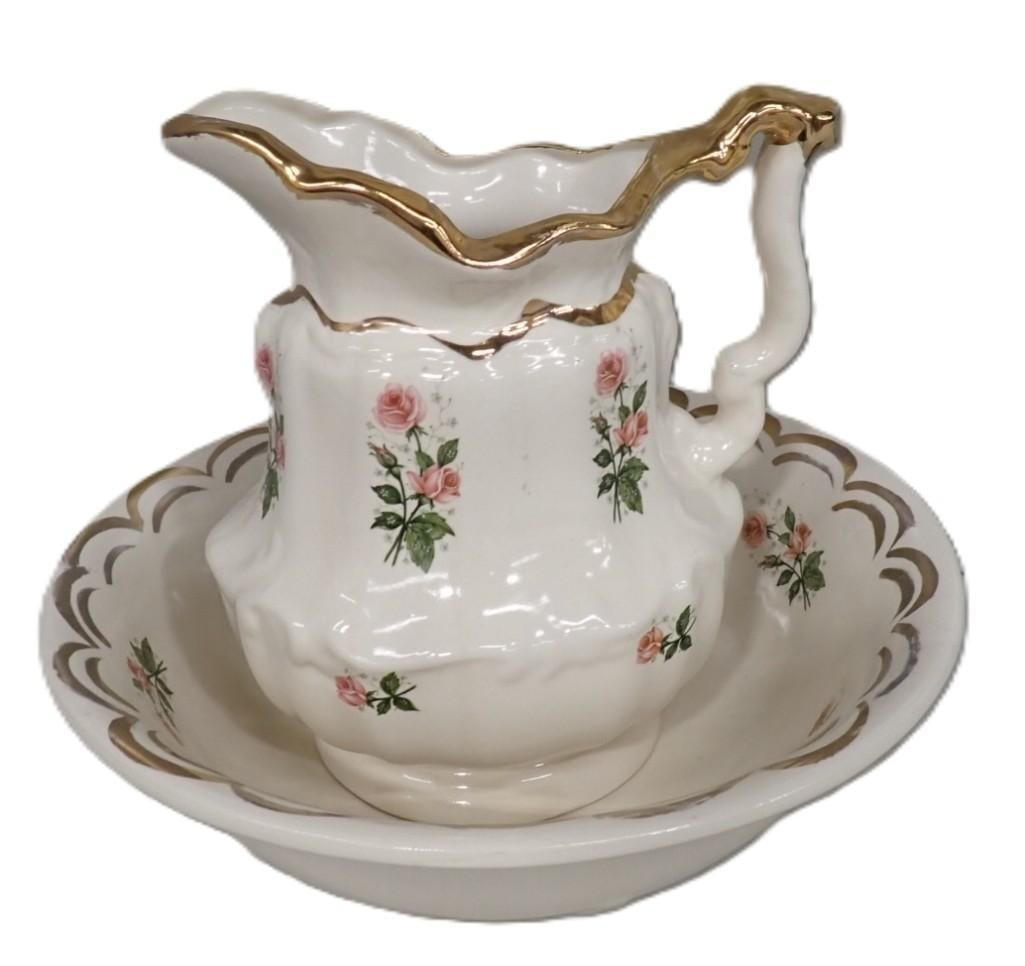 Antique Wash Basin and Pitcher with Gold Gilt Rim and Highlights marked 1896 on the bottom (1 of 9)