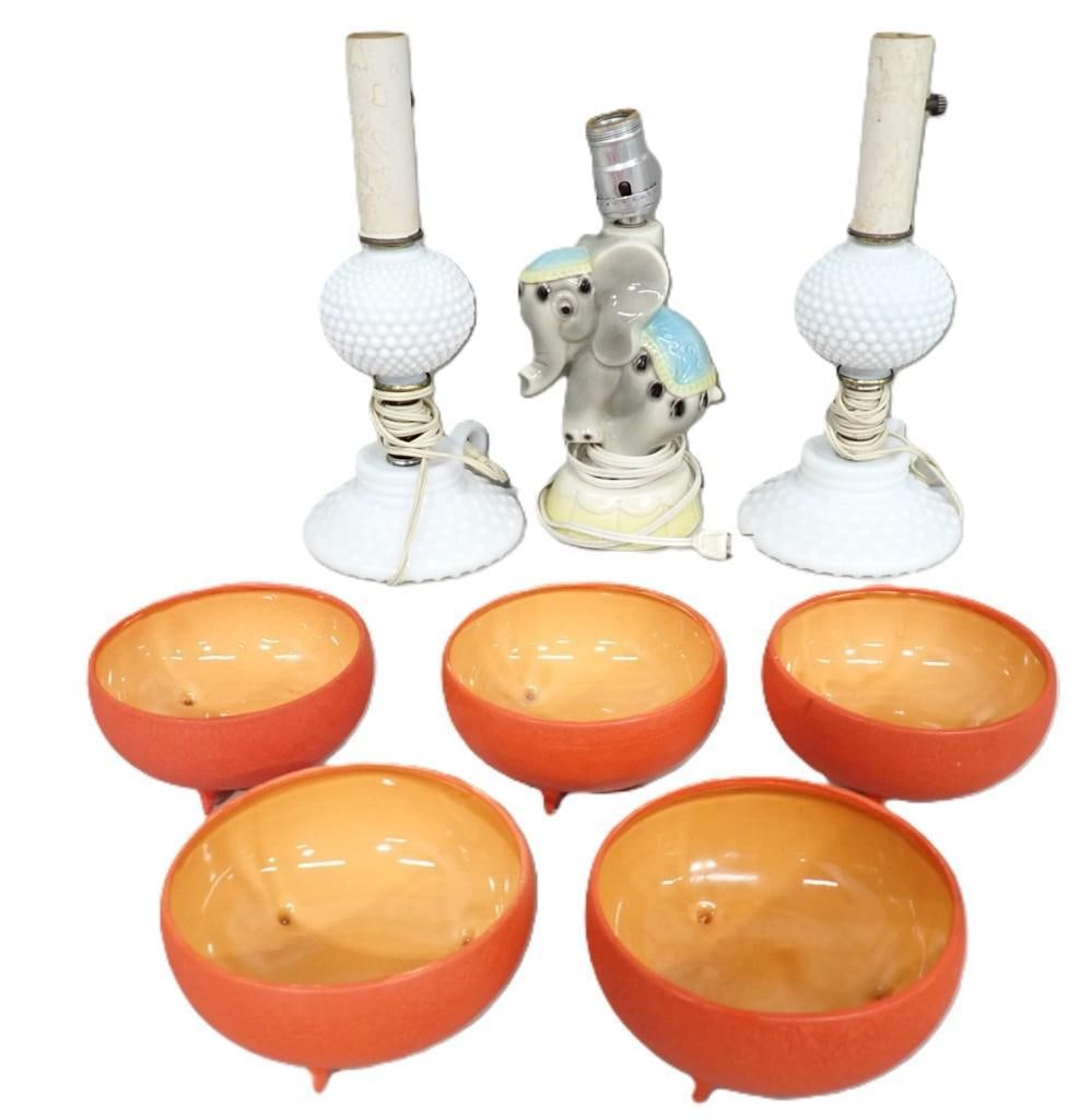 Misc Lot including Elephant Lamp, Hobnail Milk Glass Lamps, 1962 American Original Footed Bowls (1 of 12)