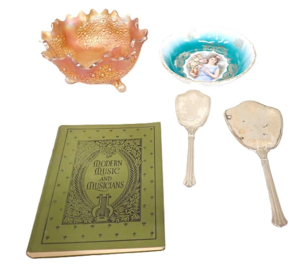 Misc. lot including Foot Carnival Glass Bowl, Antique Music Theory / Encyclopedia Book, Mirror and (1 of 18)