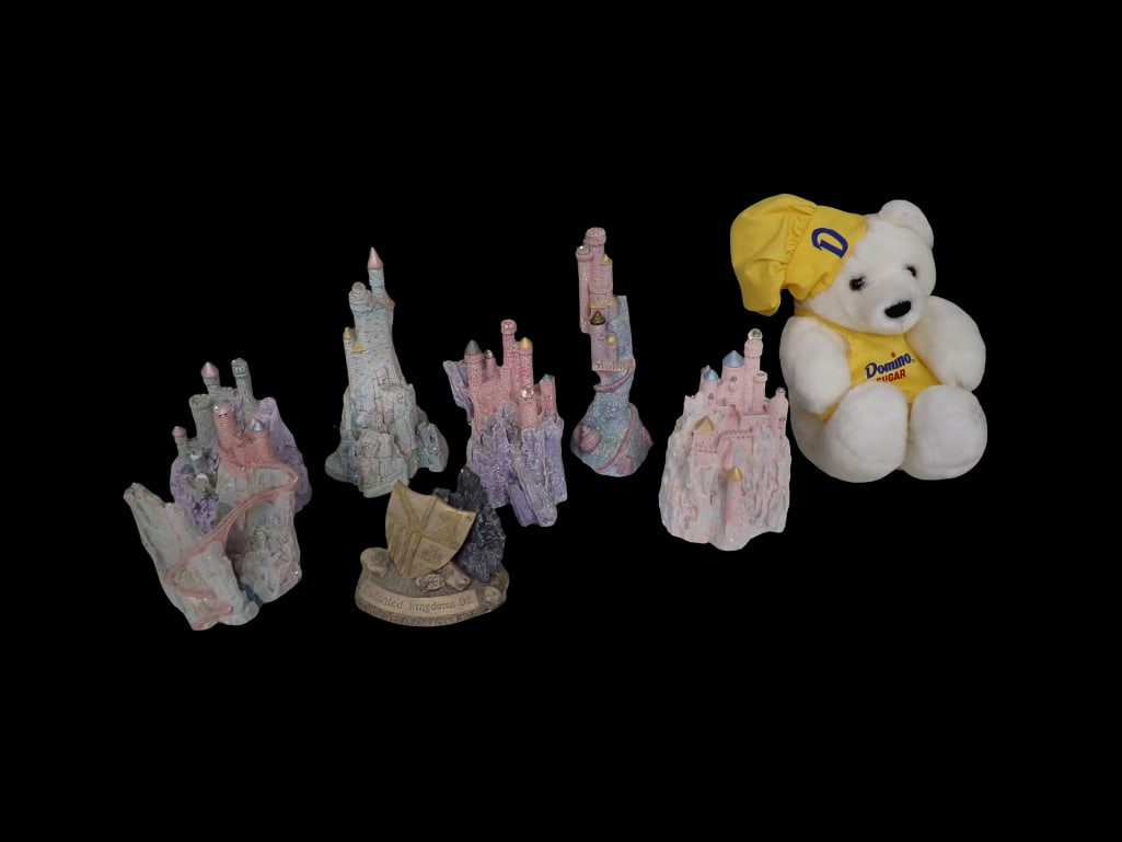 Domino Sugar Promotional Bear Reversible and Enchanted Kingdoms Figures: Domino Sugar Promotional Bear Reversible and Enchanted Kingdoms Figures. Domino Sugar promo advertising bear reverses into a plush 5lb bag of sugar that could be used as a pillow. All pictures