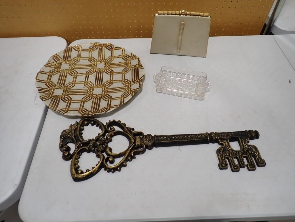 Key Wall Hanging, Vintage Purse, Charger Plate, etc: Key Wall Hanging, Vintage Purse, Charger Plate, etc All pictures are considered part of the description and should be examined carefully by bidders. Live Auctioneers is now offering Live Shipping thro