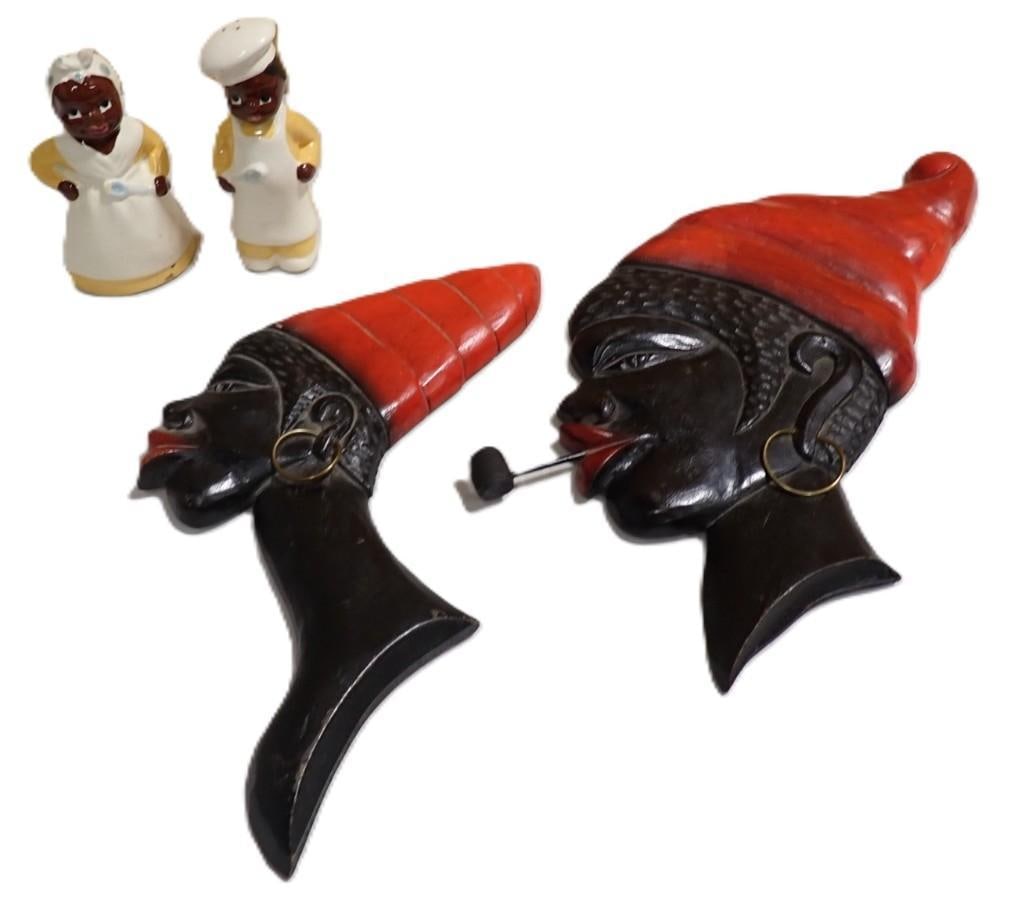 Vintage Black Americana Salt and Pepper Shakers and Wooden Tribal Style Wall Hangings (1 of 6)