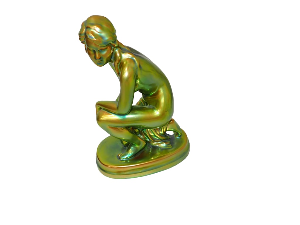 Vilmos Zsolnay Hungary Nude Lady Figurine Eosin: Vilmos Zsolnay Hungary Nude Lady Figurine. Green eosin. 10" tall. Condition: no chips, cracks, or repairs. All pictures are considered part of the description and should b