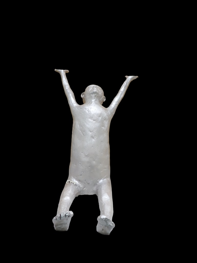Abstract Human Pottery Ceramic Sculpture Seated with Raised Arms Silver Colored Unsigned (1 of 5)