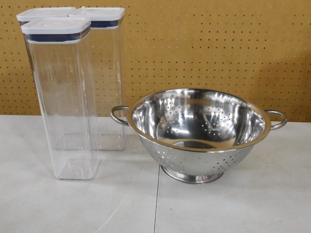 OXO Pasta Containers and Colander: OXO Pasta Containers and Colander All pictures are considered part of the description and should be examined carefully by bidders. Live Auctioneers is now offering Live Shipping through them. This is 