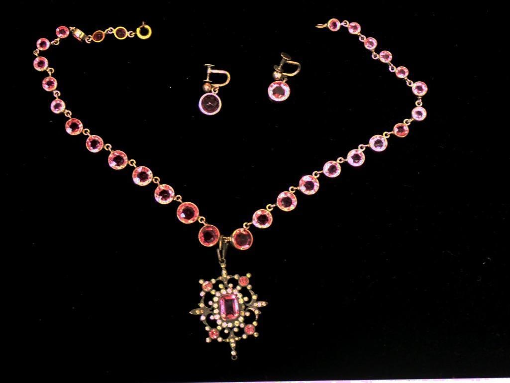 Antique Victorian Era Necklace 800 Silver and Sterling w/ Earrings Pink Stones: Antique Victorian Era Necklace 800 Silver and Sterling w/ Earrings Pink Stones. Earrings are marked sterling, back of the pendant is marked 800. 14" chain. All pictures are considered 