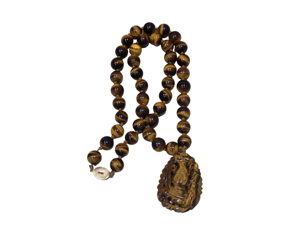 Tiger's Eye Bead Necklace with Asian Style Carved Pendant (1 of 7)