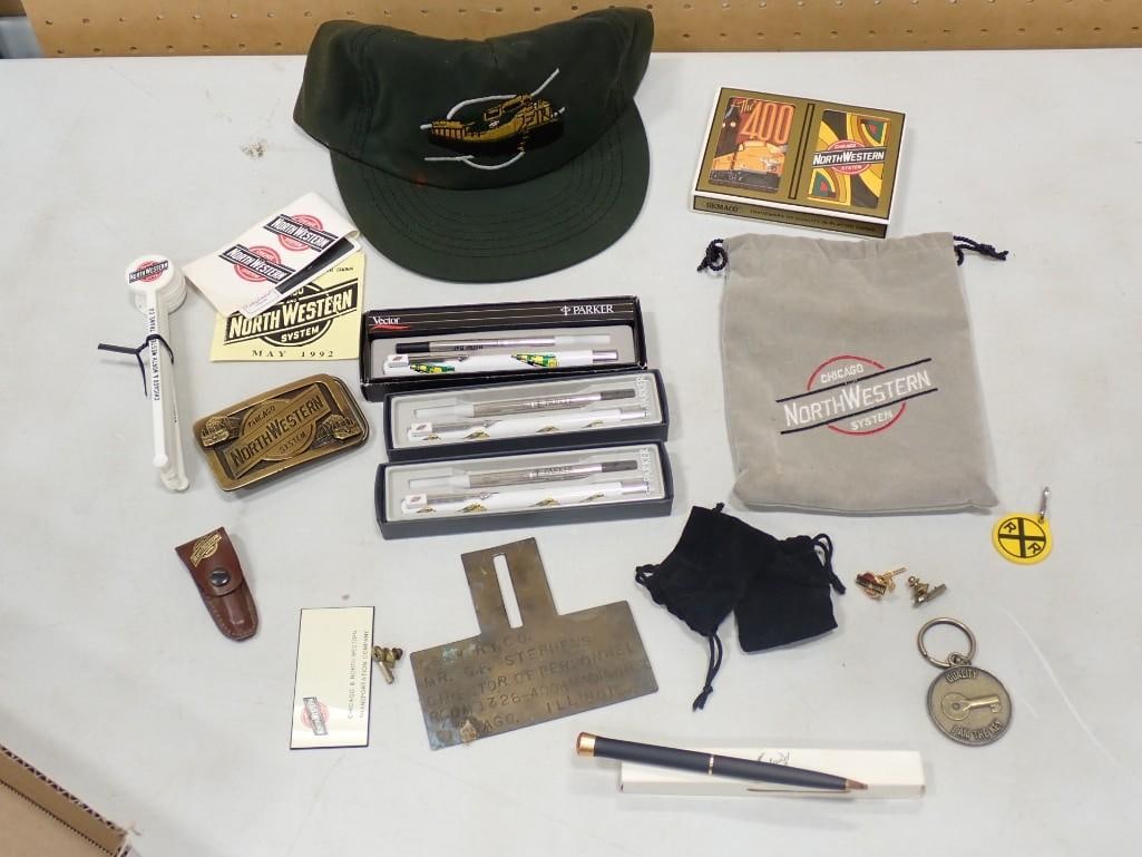 Chicago & Northwestern Railroad Hat, Buckle, Cards, Pens, Brass Tag (1 of 10)