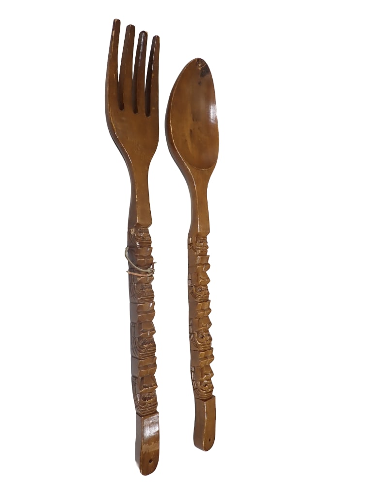 Vintage 38" Totem Pole Wood Carved Fork and Spoon (1 of 8)