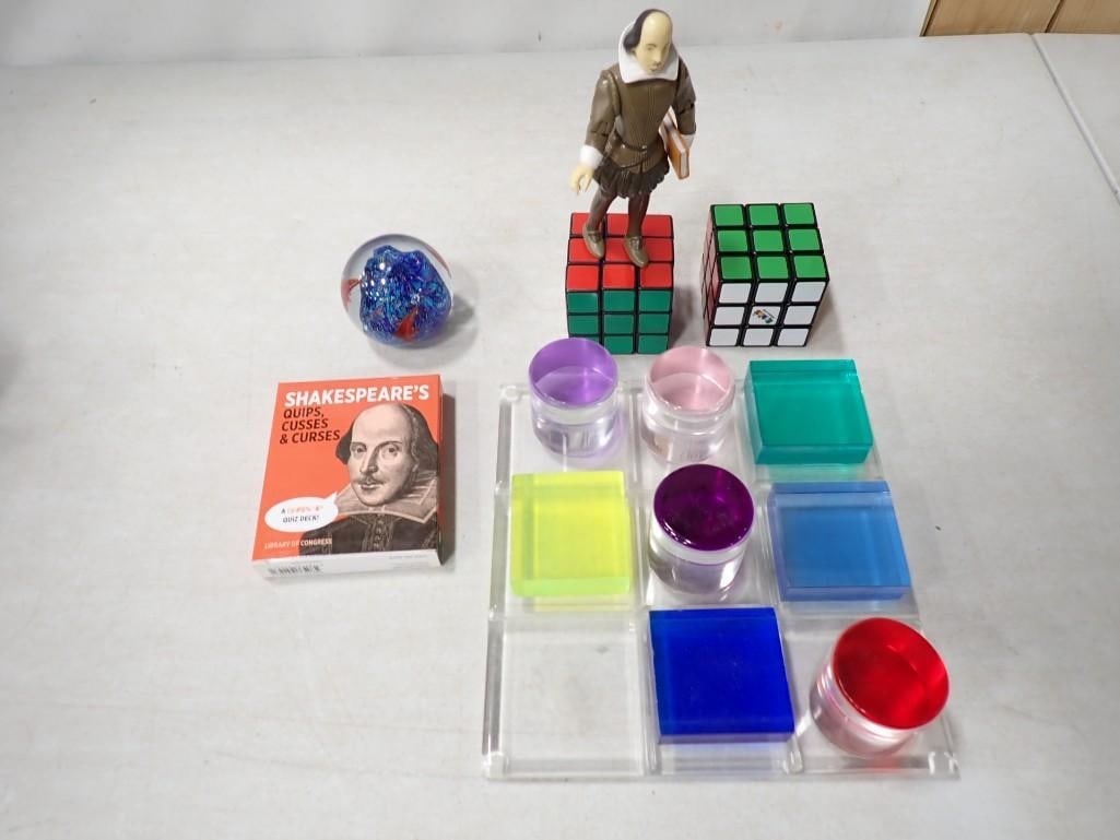 Shakespeare, Acrylic cubes, Rubiks Cubes, and More: Shakespeare, Acrylic cubes, Rubiks Cubes, and More All pictures are considered part of the description and should be examined carefully by bidders. Live Auctioneers is now offering Live Shipping throu