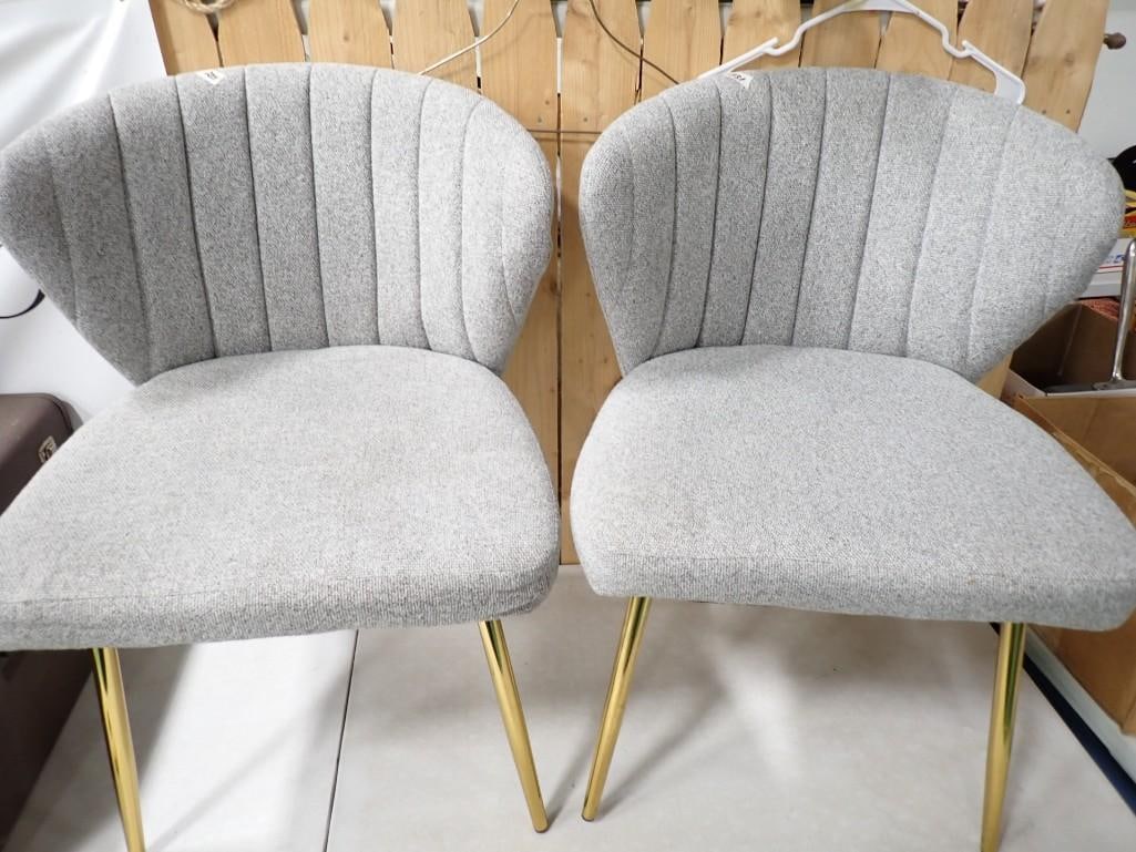 Pair of Mid Century Style Slipper Chairs Gray Upholstery with Brass Legs (1 of 9)