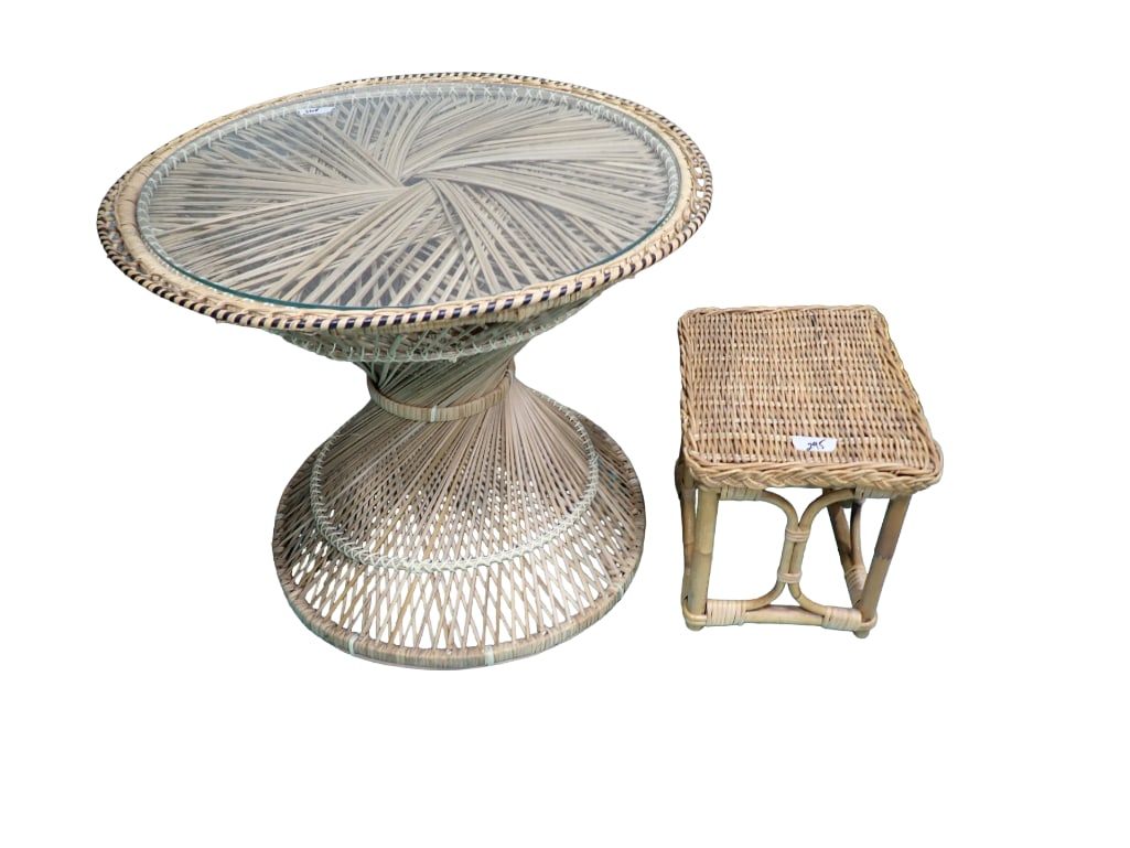 Vintage Rattan Bamboo Glass Top Side Table and Foot Stool (1 of 7)