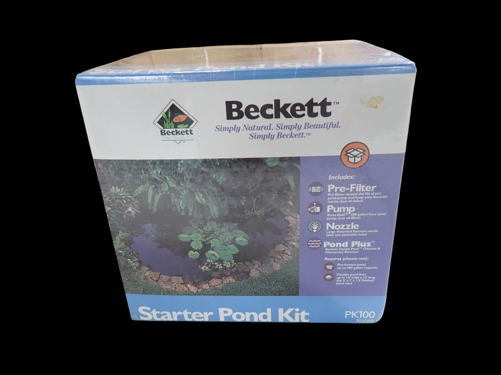 Beckett Starter Pond Kit 7020610 PK100 New and Sealed: Beckett Starter Pond Kit 7020610 PK100 New and Sealed All pictures are considered part of the description and should be examined carefully by bidders. Live Auctioneers is now offering Live Shipping th