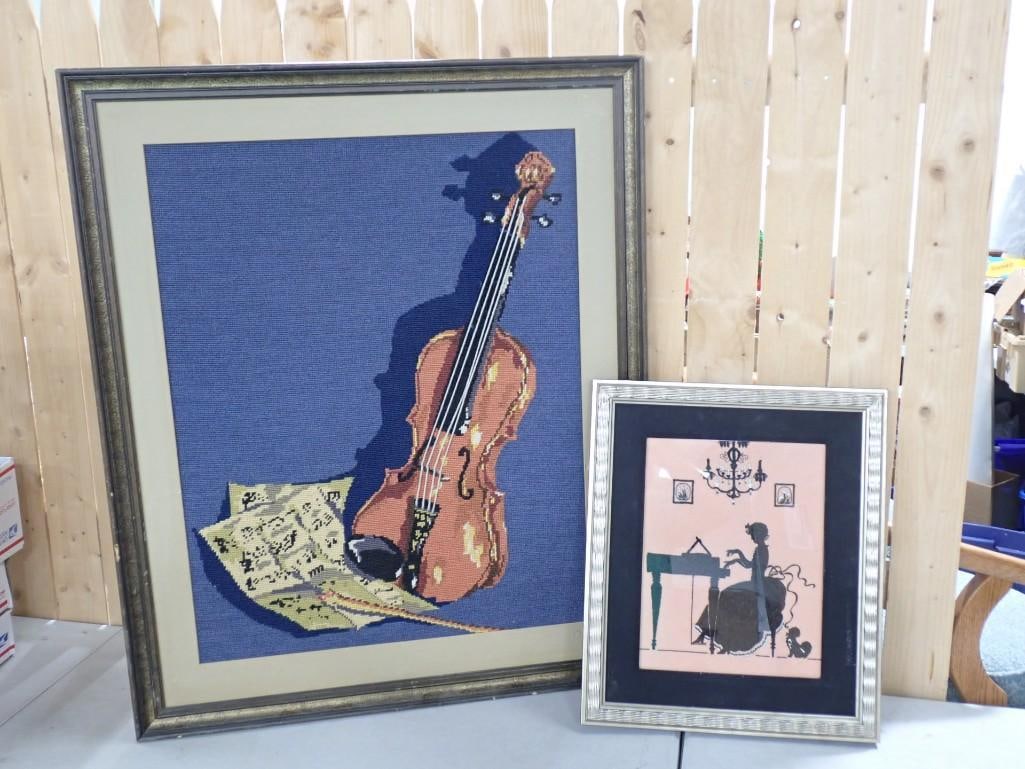 Art Embroidered Violin and Lady Playing Piano: Art Embroidered Violin and Lady Playing Piano. Violin is 26"x34" and piano is 15"x18" All pictures are considered part of the description and should be examined carefully by bid