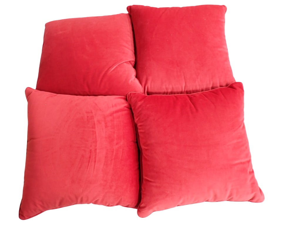 4 Red Accent Pillows, Velvety Material, Super Clean 16"x16": 4 Red Accent Pillows, Velvety Material, Super Clean 16"x16" All pictures are considered part of the description and should be examined carefully by bidders. Live Auctioneers is now offering