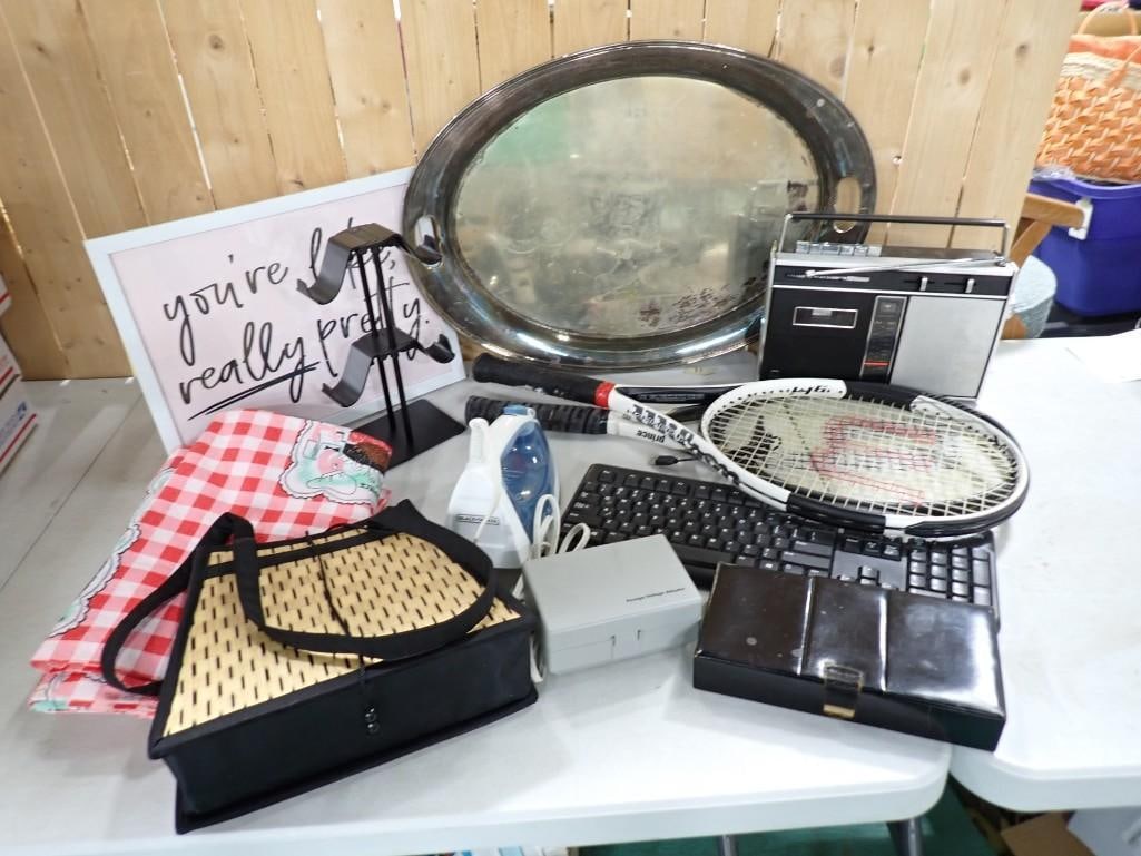 24" Silverplate Tray, 3 Vintage Tablecloths, Old Radio, and Tons More: 24" Silverplate Tray, 3 Vintage Tablecloths, Old Radio, and Tons More All pictures are considered part of the description and should be examined carefully by bidders. Live Auctioneers is now offer
