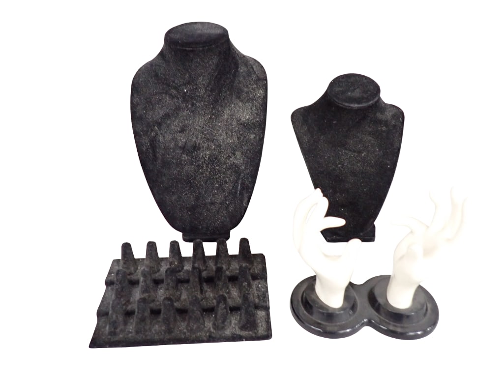 Jewelry Display Stands incl Ring Hands, Necklace Displays, etc: Lot of Jewelry Display Stands incl Ring Hands, Necklace Displays, etc All pictures are considered part of the description and should be examined carefully by bidders. Live Auctioneers is now of
