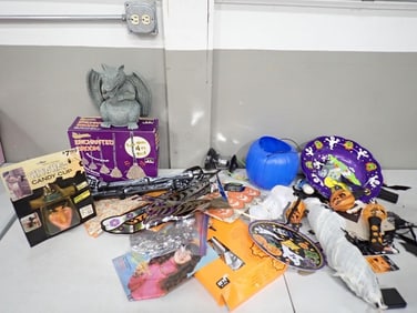 Halloween Lot incl Enchanted Broom, Witches Candy Cup, Blue Blow Mold Pumpkin Candy Bucket, etc