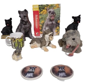 Assorted Schnauzer Dog Lot including Plush, Figures, Mug, Coasters, Bobblehead, Puzzle