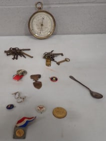 Vintage / Antique Smalls Lot including Keys, Hygrometer, Pins, Spoon, etc